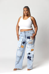 PATCHWORK DENIM BOYFRIEND JEANS - CURVY