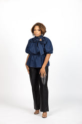DARK DENIM PEPLUM BOW TOP