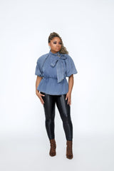 DENIM PEPLUM BOW TOP