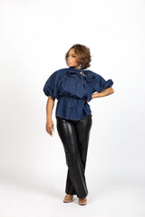 DARK DENIM PEPLUM BOW TOP
